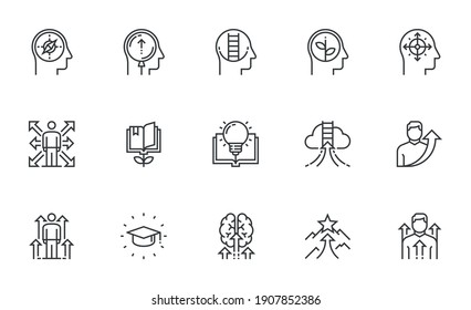 Set of Vector Line Icons Related to Self Development. Self Improvement, Personal Growth, Self Education. Editable Stroke. Pixel Perfect.