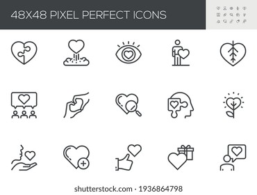 Set of Vector Line Icons Related to Friendship and Love. Falling in Love, Amorousness, Mutual Understanding, Passion, Mutual Relationship. Editable Stroke. 48x48 Pixel Perfect.