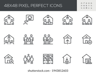 Set of Vector Line Icons Related to Coliving. Flatmates, Sharing an Apartment, Joint Rental Housing. Editable Stroke. 48x48 Pixel Perfect.