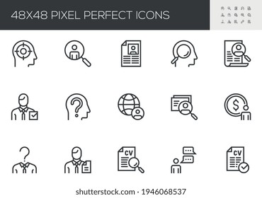 Set of Vector Line Icons Related to Head Hunting. Job Interview, Resume, Human Resources Department. Editable Stroke. 48x48 Pixel Perfect.