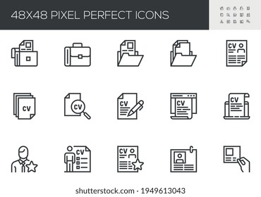 Set of Vector Line Icons Related to Resume. New Employee, Staff Recruitment, Portfolio, Job Interview, CV. Editable Stroke. 48x48 Pixel Perfect.