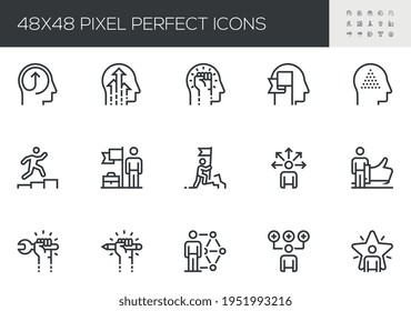 Set of Vector Line Icons Related to Skill. Skill Up, Self Development, Improving Skills, Ability, Goal Achievements. Editable Stroke. 48x48 Pixel Perfect.