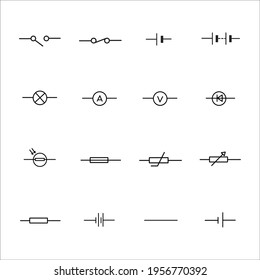 Conjunto de iconos de línea vectorial relacionados con circuitos eléctricos y símbolos.