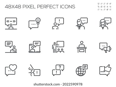 Conjunto de iconos de línea vectorial relacionados con la presentación. Discurso, Informe, Reunión, Conferencia. Stroke editable. 48x48 Pixel Perfecto.