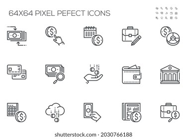 Set of Vector Line Icons Related to finance. Cash, Banking, Financial Services, Money Management. Editable Stroke. 64x64 Pixel Perfect.