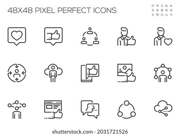 Conjunto de iconos de línea vectorial relacionados con las redes sociales. Medios Sociales, Enlaces Sociales, Página Perfil, Calificación. Stroke editable. 48x48 Pixel Perfecto.