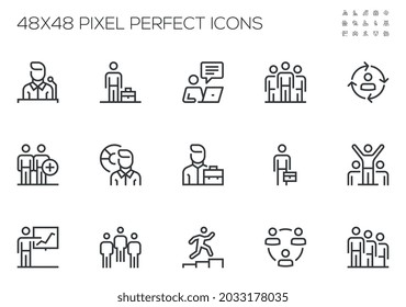 Set of Vector Line Icons Related to Business People. Business Communication, Office Management, Team Work. Editable Stroke. 48x48 Pixel Perfect.