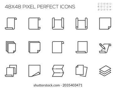 Set of Vector Line Icons Related to Paper. Document, Manuscript, Scroll, Brochure. Editable Stroke. 48x48 Pixel Perfect.