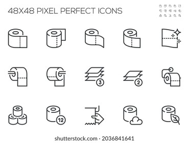 Conjunto de iconos de línea de vectores relacionados con papel higiénico y toallas de papel. Stroke editable. 48x48 Pixel Perfecto.