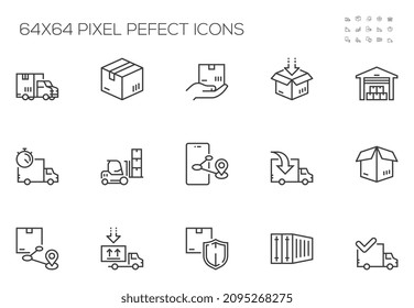 Set of Vector Line Icons Related to Logistics. Shipping, Delivery, Order Tracking, Warehouse. Editable Stroke. Pixel Perfect.