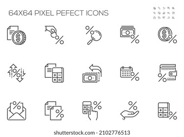 Set of Vector Line Icons Related to Tax. Interest Rate, Lending, Tax Return. Editable Stroke. 64x64 Pixel Perfect.