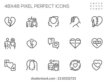 Set of Vector Line Icons Related to Relationships. Interactions, Equality, Relationship Breakup, Broken Heart. Editable Stroke. 48x48 Pixel Perfect.