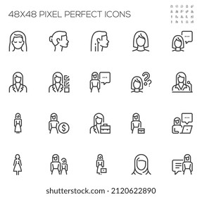 Conjunto de iconos de línea vectorial relacionados con la mujer. Mujer empresaria, cara femenina, figura femenina. Stroke editable. 48x48 Pixel Perfecto.