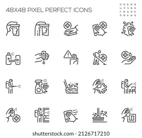 Set of Vector Line Icons Related to Disinfection and Cleaning. Disinfection of Rooms and Furniture. Protective Face Shield, Protective Suit. Editable Stroke. 48x48 Pixel Perfect.