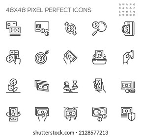 Set of Vector Line Icons Related to Money. Wad of Money, Money Laundering, Hand with Coin. Editable Stroke. 48x48 Pixel Perfect.
