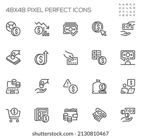 Conjunto de iconos de línea vectorial relacionados con el dinero. alfabetización financiera, donación, gestión de la riqueza. Stroke editable. 48x48 Pixel Perfecto.