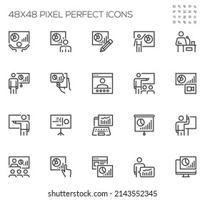 Set of Vector Line Icons Related to Business Presentations. Report in the Conference Room at The Seminar. Presenter, Audience, Growth Analysis. Editable Stroke. 48x48 Pixel Perfect.