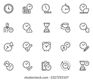 Set of vector line icons related to time. Timer, speed, alarm clock, time management, period, duration. Editable stroke. Pixel perfect.