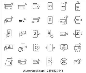 Set of Vector Line Icons Related to NFC,contactless card, smartphone payment set.Mobile phone pay, nfc technology icons.Contactless pay, nfc card,NFC Communication ,wireless payment