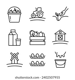 Set of vector line icons related to agriculture. Contains such barn, agricultural machinery, livestock farming, gardening and much more. Farming and f