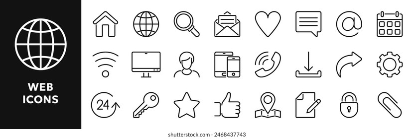 Set of vector line icons related to internet, communication, contact. Symbols for website or app ui, logo design, illustration