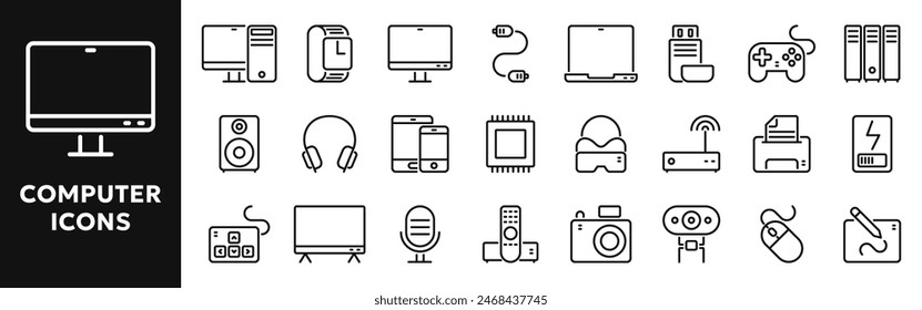 Eine Reihe von Vektorgrafik-Line-Icons bezogen auf Technologie, Computer, elektronische Geräte. Symbole für Website oder App UI, Logo Design, Illustration