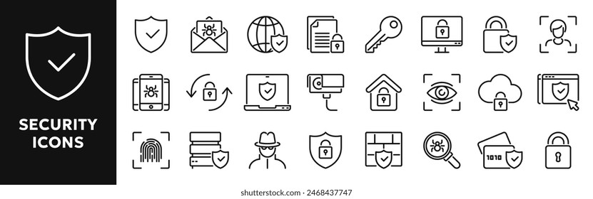 Set of vector line icons related to security, safety, protection. Symbols for website or app ui, logo design, illustration