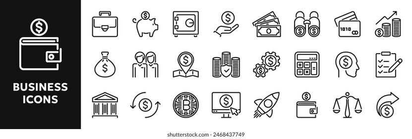 Set of vector line icons related to business management, finance, money. Symbols for website or app ui, logo design, illustration