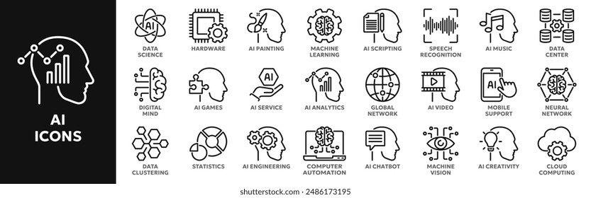 Set of vector line icons related to artificial intelligence, machine learning, data science. Symbols for website or app ui, logo design, illustration