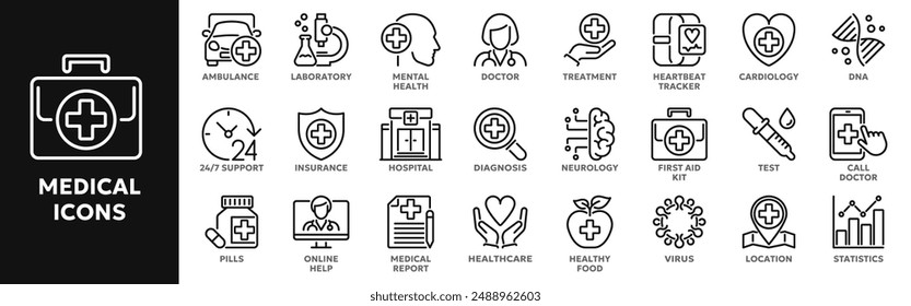 Conjunto de iconos de línea de Vector relacionados con la atención sanitaria y la medicina, primeros auxilios, farmacia. Símbolos para Sitio web o App ui, diseño de logotipo, ilustración