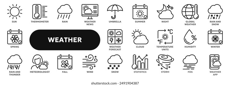 Set of vector line icons related to weather forecast, climate and temperature, seasons. Symbols for website or app ui, logo design, illustration