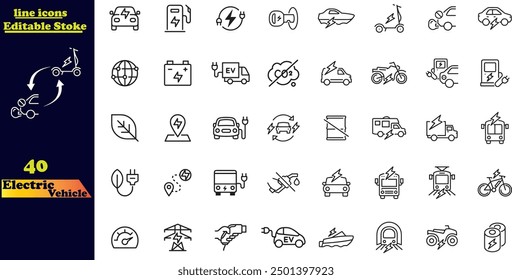 Set von 40 Umrisssymbolen zum Thema Elektrofahrzeug .