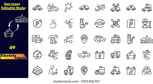 Set von 40 Umrisssymbolen zum Thema Elektrofahrzeug .