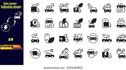 Set von 40 Umrisssymbolen zum Thema Elektrofahrzeug .