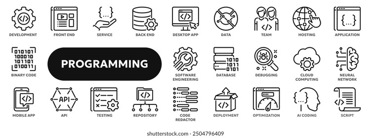 Set of vector line icons related to programming and coding, desktop and mobile application development, software engineering. Symbols for website or app ui, logo design, illustration