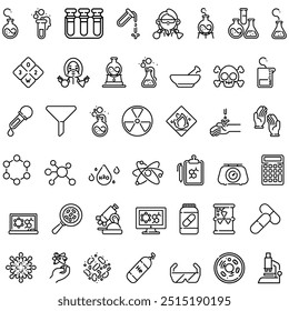 Set of vector line icons related to science lab equipment. Chemistry, molecule, biology, dna, lab etc. Editable stroke