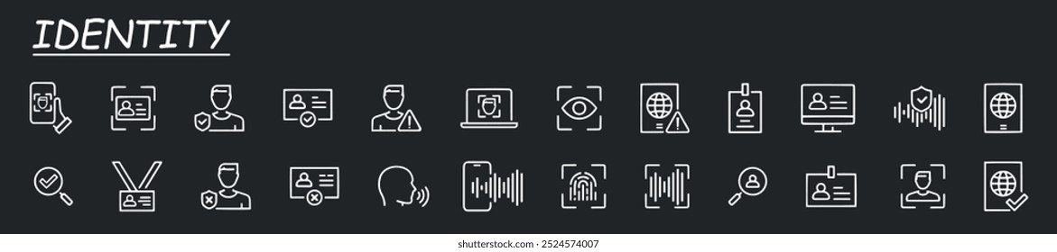 Set of vector line icons related to identity and cyber security. For website marketing design, logo, app, template, ui, etc. Grey background.