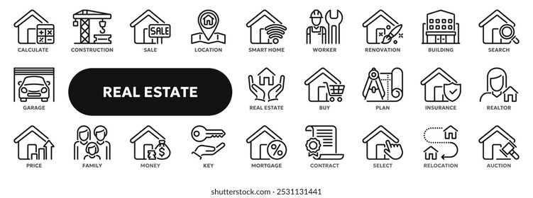 Set of vector line icons related to real estate and rent, construction, purchasing and selling a home. Symbols for website or app ui, logo design, illustration