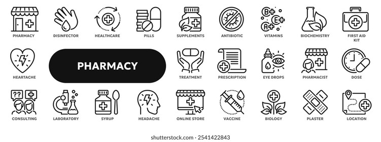 Conjunto de ícones de linha de vetor relacionados a farmácia e medicina, primeiros socorros, pílulas médicas e vacina. Símbolos para a interface do usuário do site ou do aplicativo, design do logotipo, ilustração