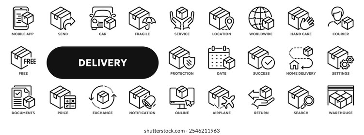 Conjunto de ícones de linha de vetor relacionados ao serviço de entrega e entrega, transporte e logística. Símbolos para a interface do usuário do site ou do aplicativo, design do logotipo, ilustração