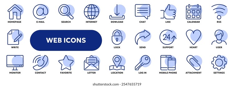 Conjunto de iconos de línea de Vector relacionados con el Web e Internet, redes sociales, comunicación y contacto. Símbolos para Sitio web o App ui, diseño de logotipo, ilustración