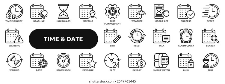 Conjunto de ícones de linha de vetor relacionados ao gerenciamento de tempo, produtividade e eficiência, programação de data do calendário. Símbolos para a interface do usuário do site ou do aplicativo, design do logotipo, ilustração