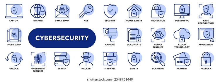 Conjunto de ícones de linha vetorial relacionados à cibersegurança, proteção de informações pessoais e segurança de dados privados. Símbolos para a interface do usuário do site ou do aplicativo, design do logotipo, ilustração