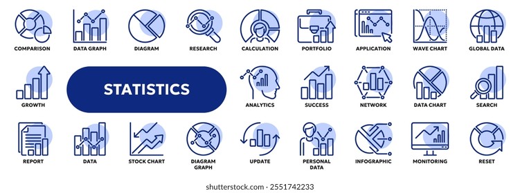 Conjunto de iconos de línea de Vector relacionados con estadísticas, análisis de datos, infografía. Símbolos para Sitio web o App ui, diseño de logotipo, ilustración