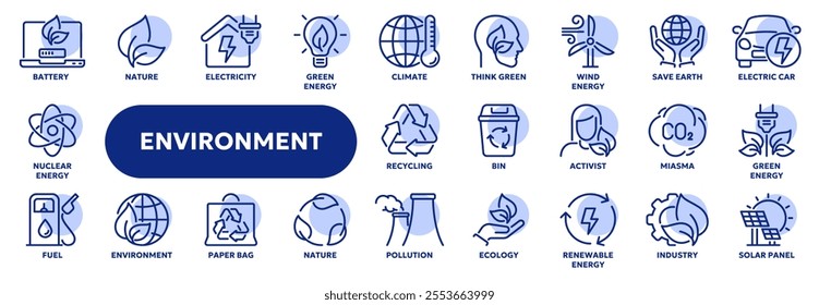 Set of vector line icons related to ecology and pollution, environment care, alternative energy. Symbols for website or app ui, logo design, illustration