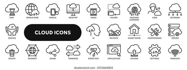 Set of vector line icons related to cloud computing technology, ai, machine learning and big data. Symbols for website or app ui, logo design, illustration