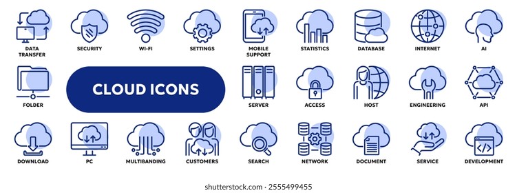 Set of vector line icons related to cloud computing technology and web file storage. Symbols for website or app ui, logo design, illustration