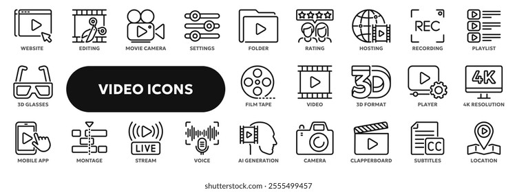 Set of vector line icons related to video recording, movie industry, internet live streaming. Symbols for website or app ui, logo design, illustration