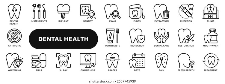 Set of vector line icons related to dental health care, medical teeth protection. Symbols for website or app ui, logo design, illustration