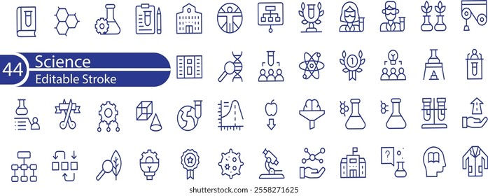 Set of vector line icons related to science lab equipment, chemistry and medicine. Symbols for website or app ui, logo design,